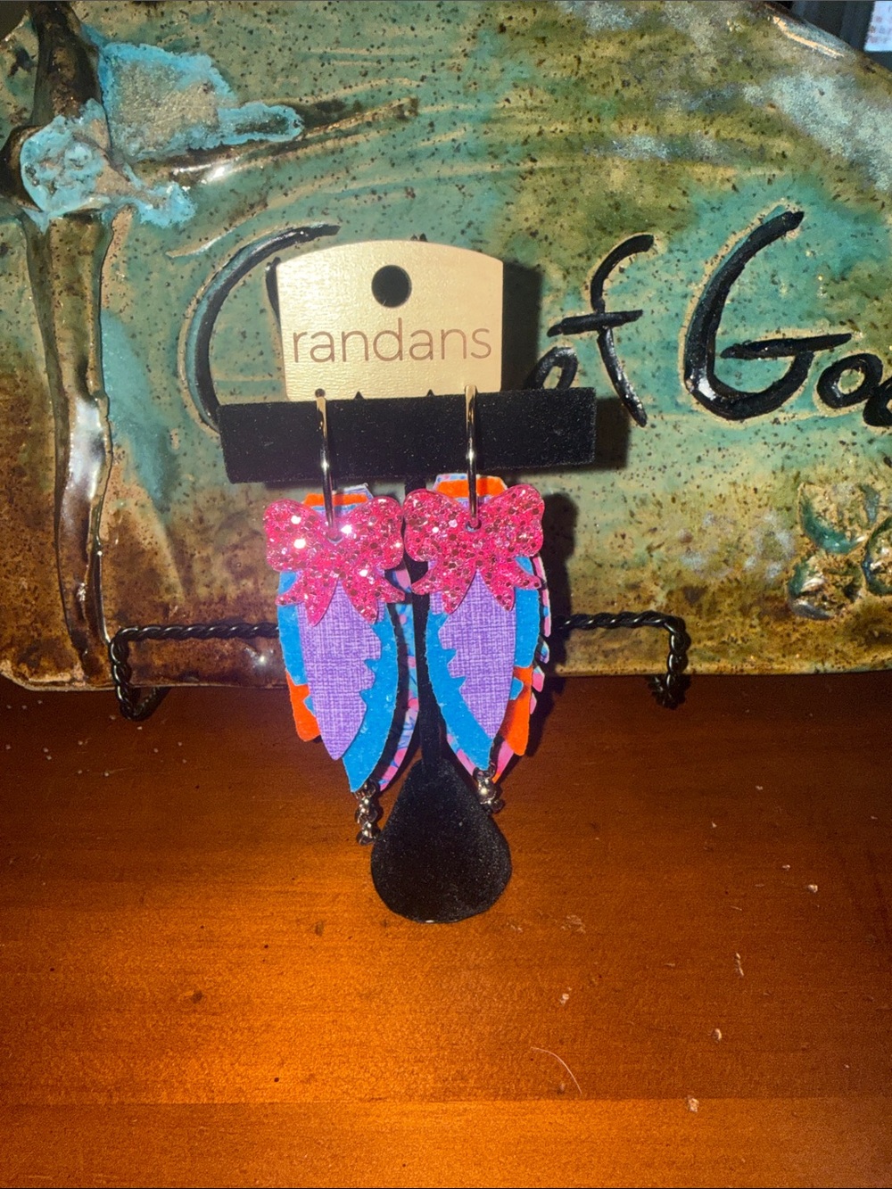 Pink Bow Multicolor Feather Drop Earrings
